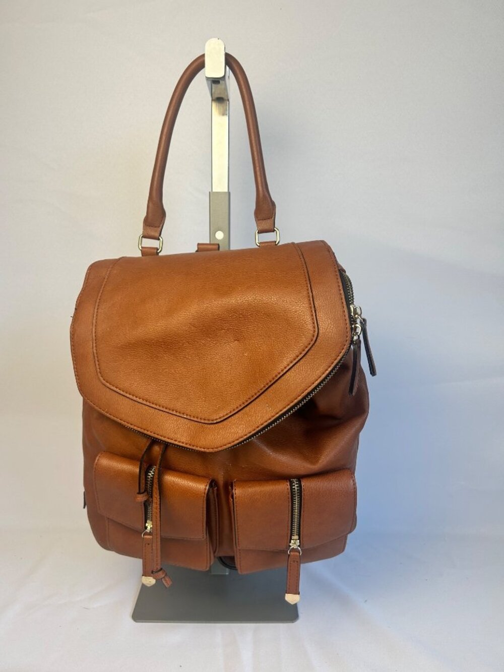 Gianni Bini Backpack Purse Bag Zipper Flap Pocket Brown Faux Leather Minimalist